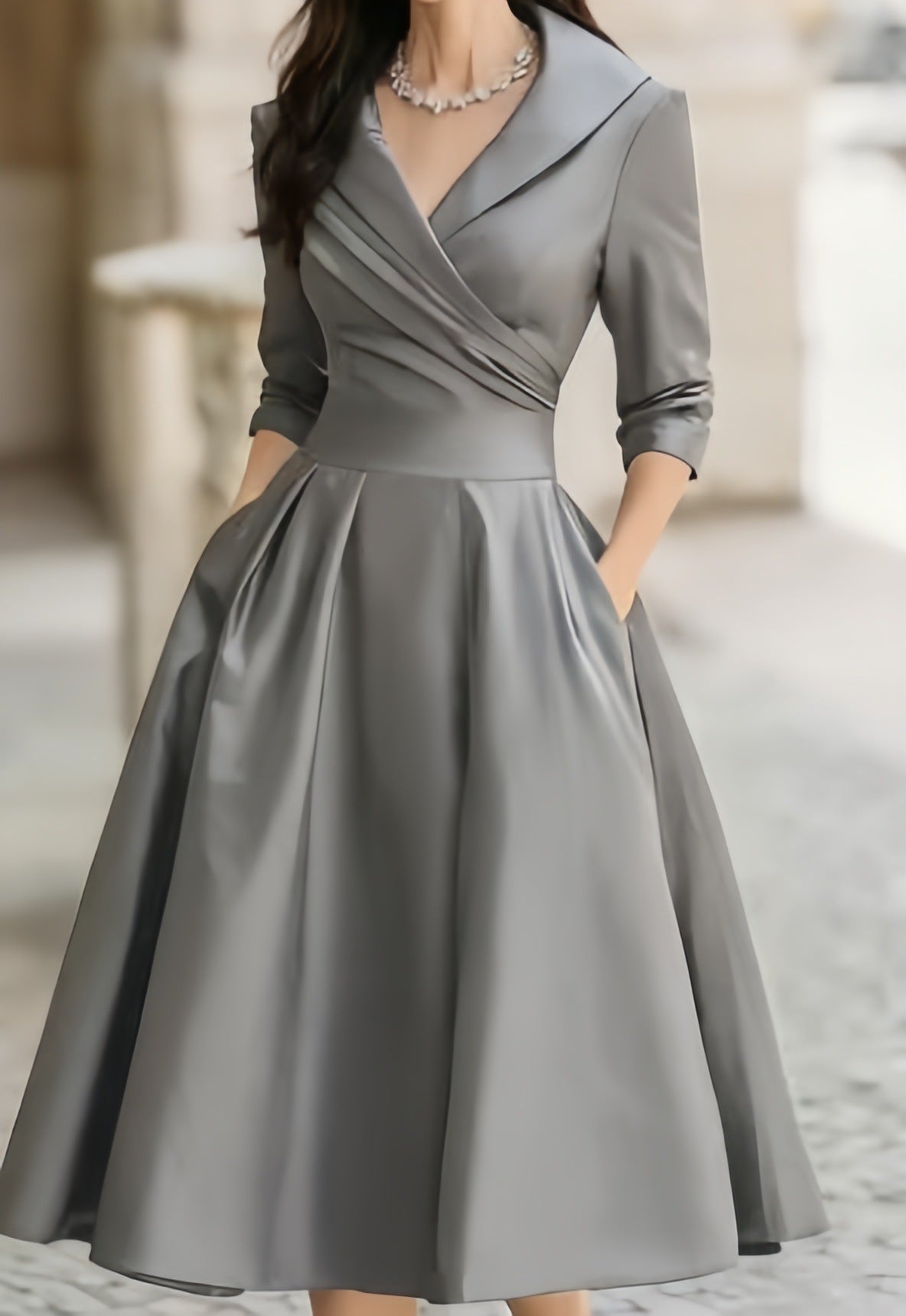 Elegant A-Line Midi Dress with Wrap Bodice and Full Skirt
