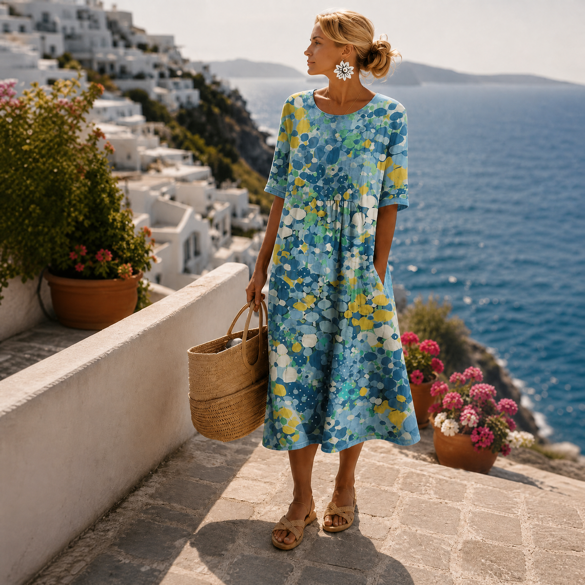 Floral Print Summer Midi Dress with Short Sleeves and Pockets