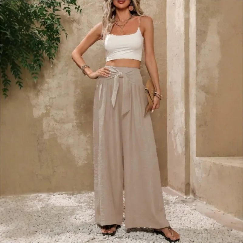 High Waist Wide Leg Trousers with Tie Waist