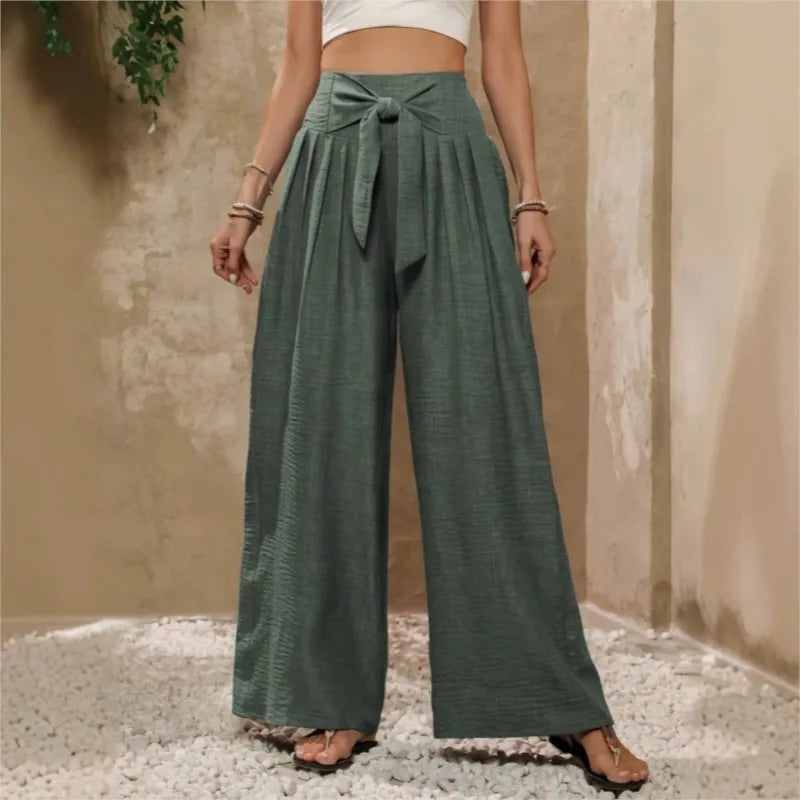 High Waist Wide Leg Trousers with Tie Waist