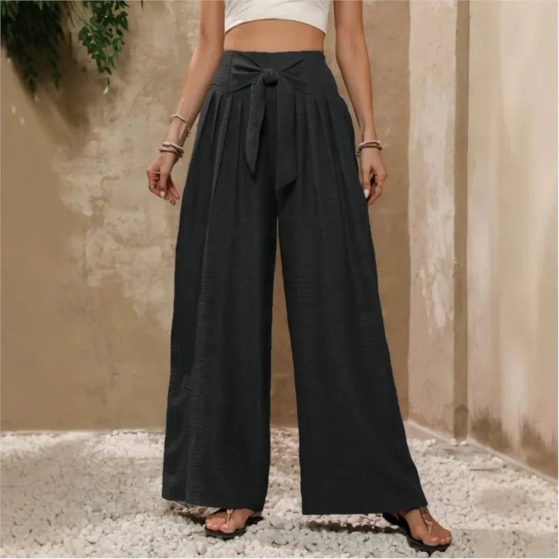 High Waist Wide Leg Trousers with Tie Waist