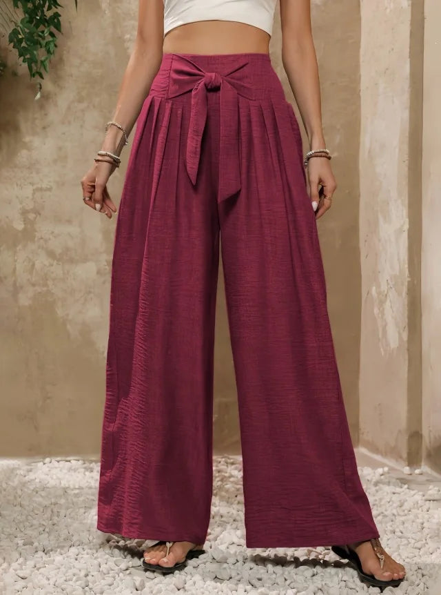 High Waist Wide Leg Trousers with Tie Waist