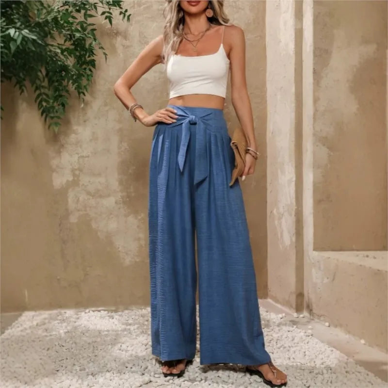 High Waist Wide Leg Trousers with Tie Waist