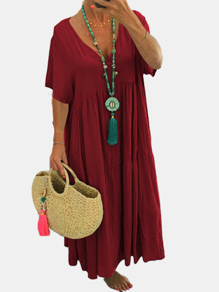 LINNEA™ – Soft Ruffle V-Neck Maxi Dress