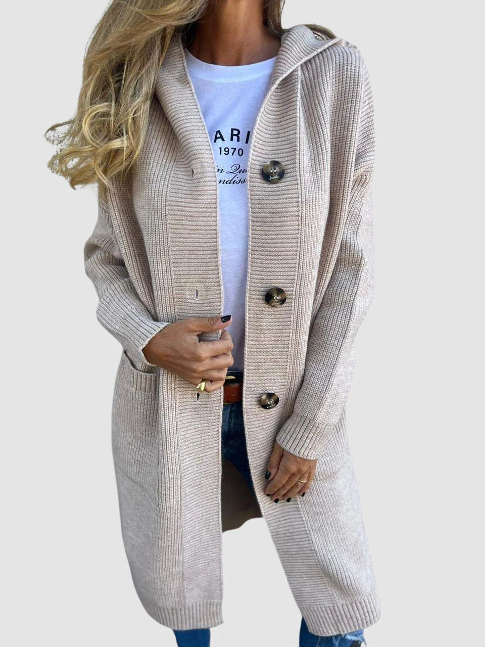 Eleanor Cosy Longline Hooded Cardigan Beige
