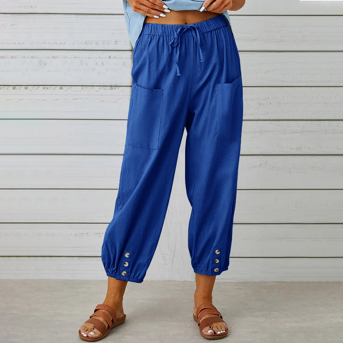 Relaxed Drawstring Harem Trousers with Elasticated Cuffs and Patch Pockets