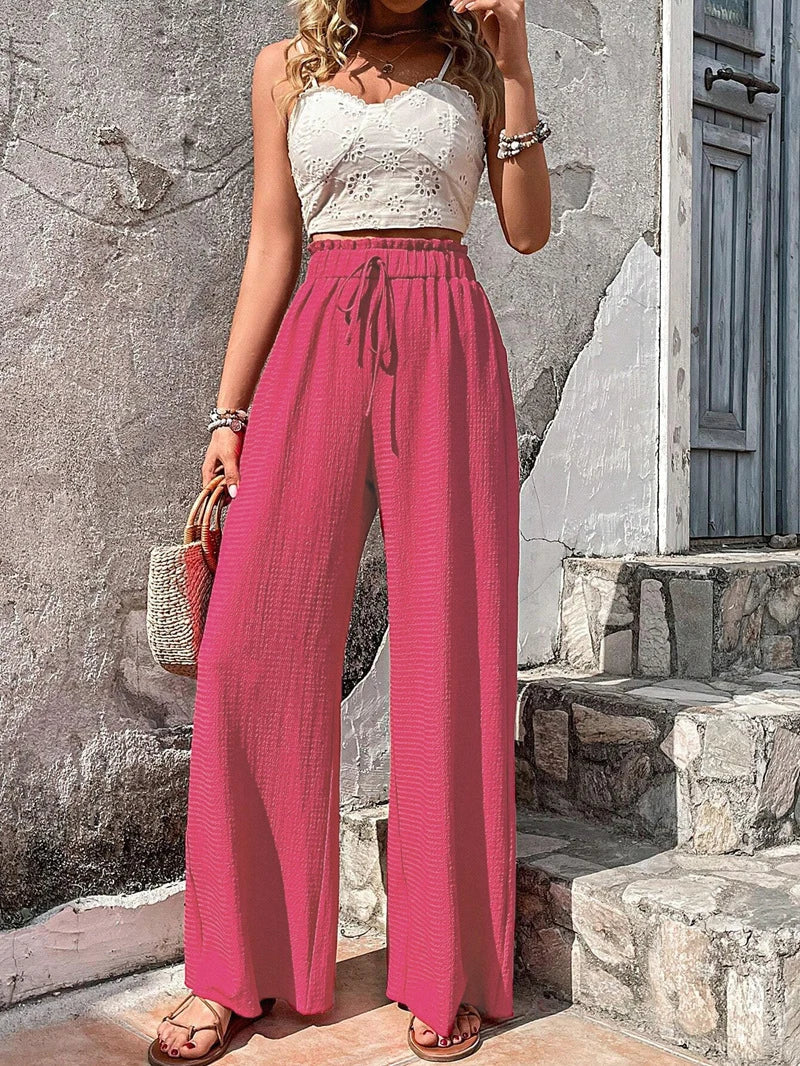 Relaxed High Waist Wide Leg Trousers with Drawstring Waist