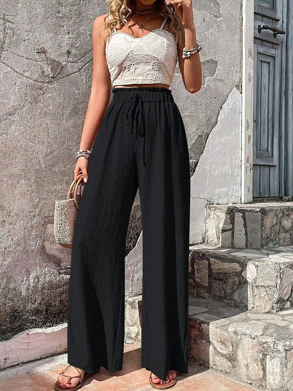 Relaxed High Waist Wide Leg Trousers with Drawstring Waist