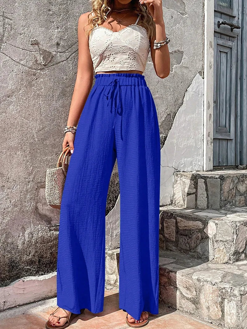 Relaxed High Waist Wide Leg Trousers with Drawstring Waist