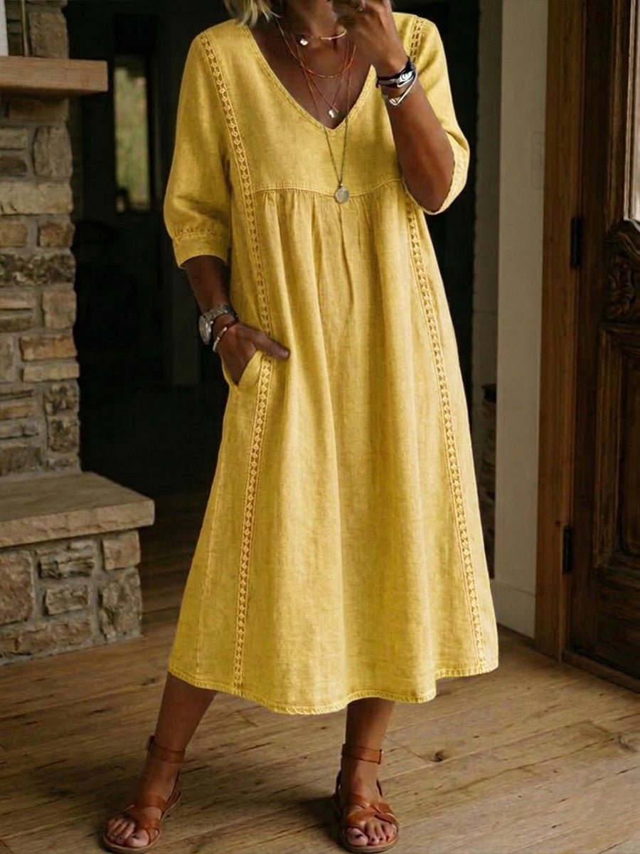 V-Neck Midi Dress with Lace Trim