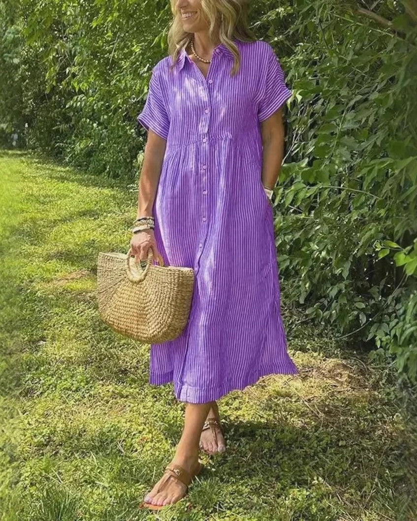Relaxed Linen Shirt Midi Dress with Short Sleeves and Pockets