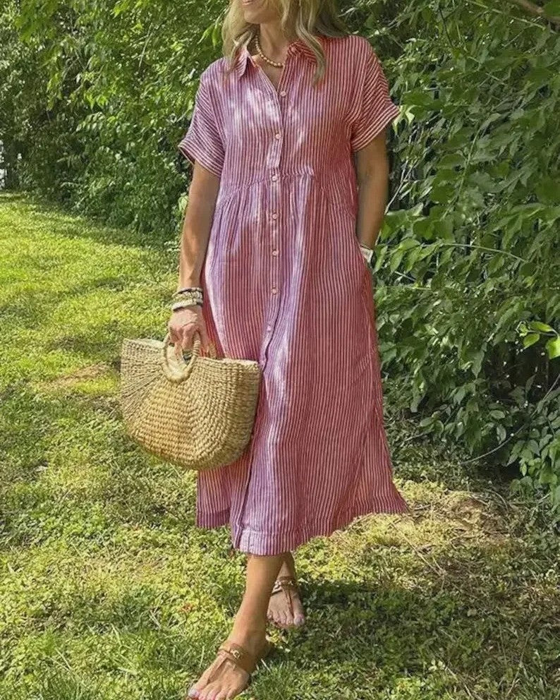 Relaxed Linen Shirt Midi Dress with Short Sleeves and Pockets
