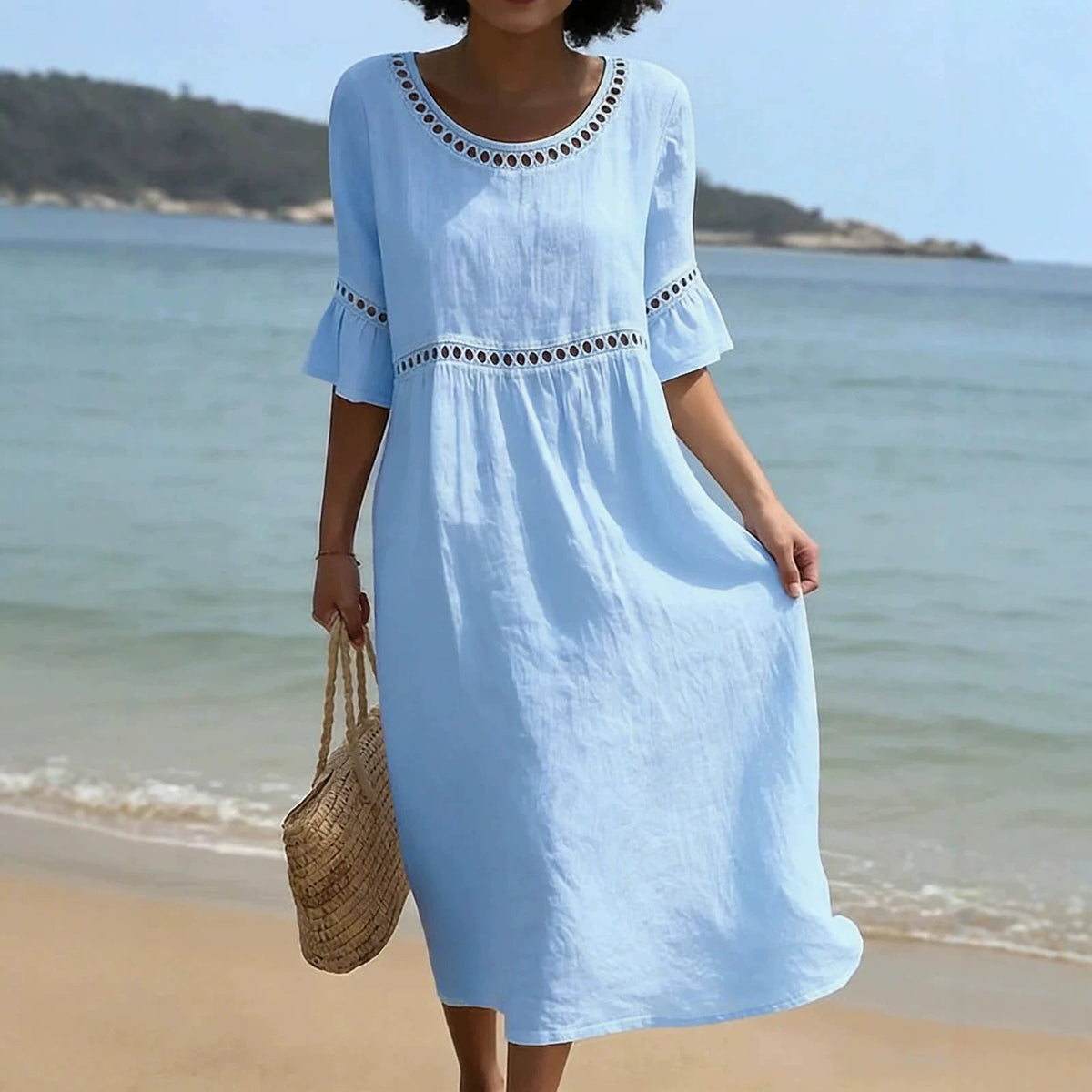 Relaxed Linen Summer Midi Dress with Hollow-Out Detail and Flared Sleeves