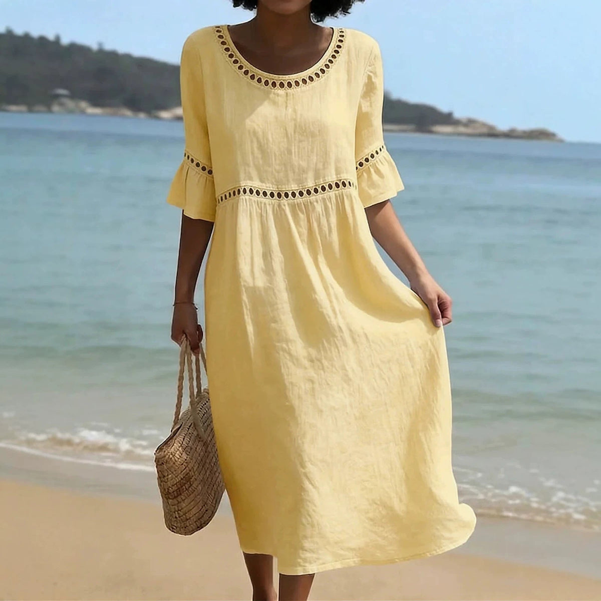 Relaxed Linen Summer Midi Dress with Hollow-Out Detail and Flared Sleeves