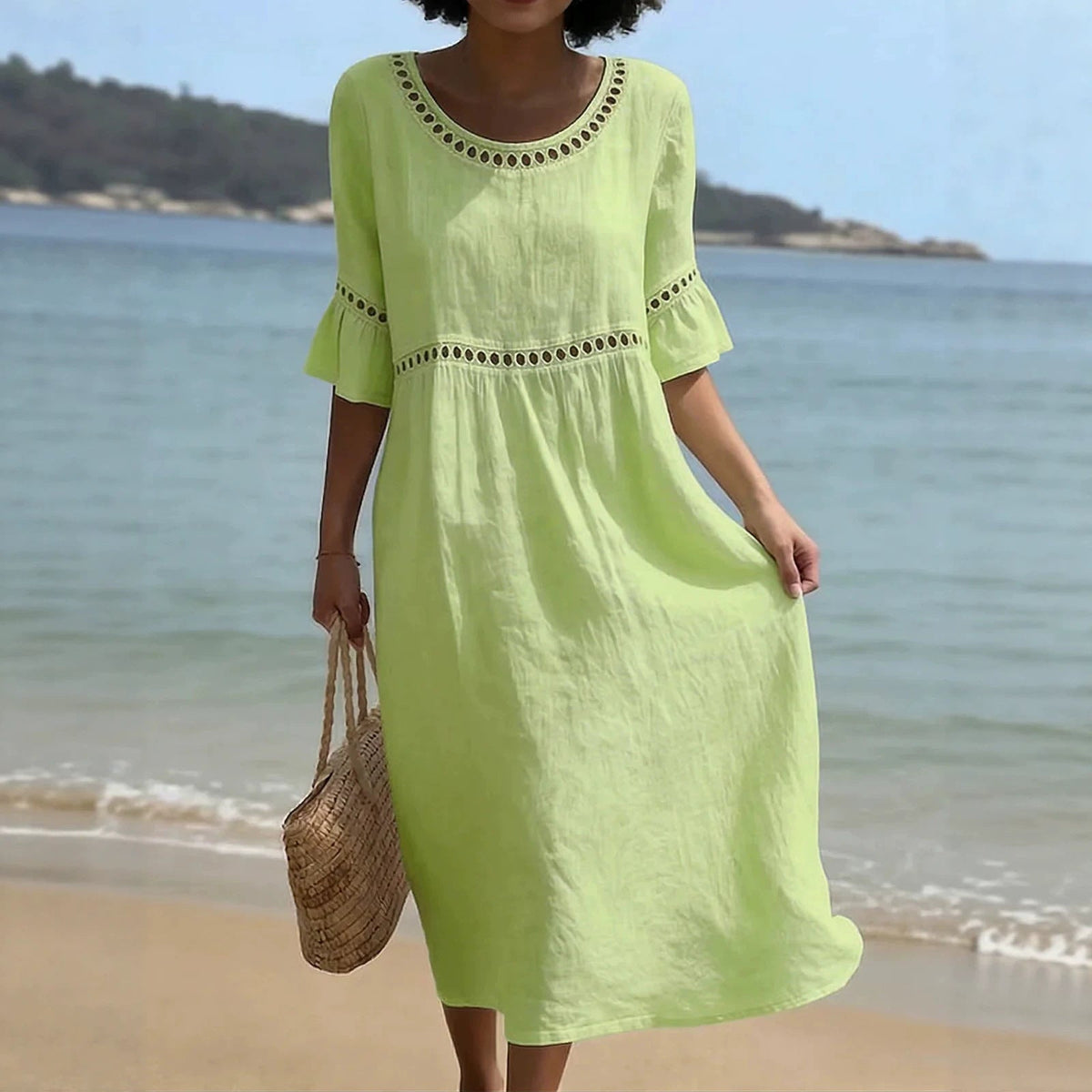 Relaxed Linen Summer Midi Dress with Hollow-Out Detail and Flared Sleeves