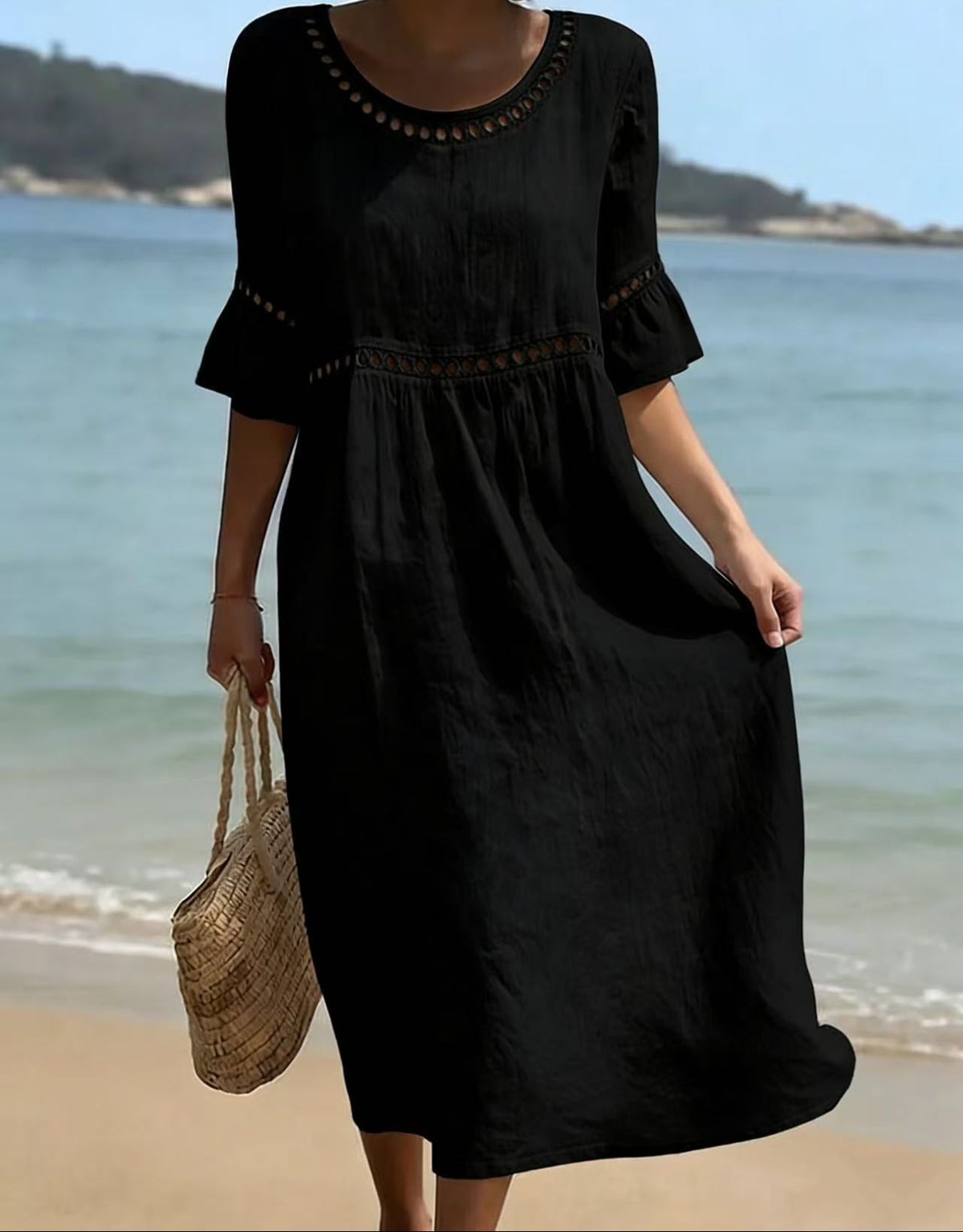 Relaxed Linen Summer Midi Dress with Hollow-Out Detail and Flared Sleeves