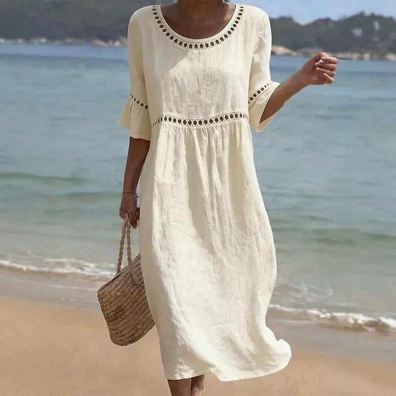 Relaxed Linen Summer Midi Dress with Hollow-Out Detail and Flared Sleeves