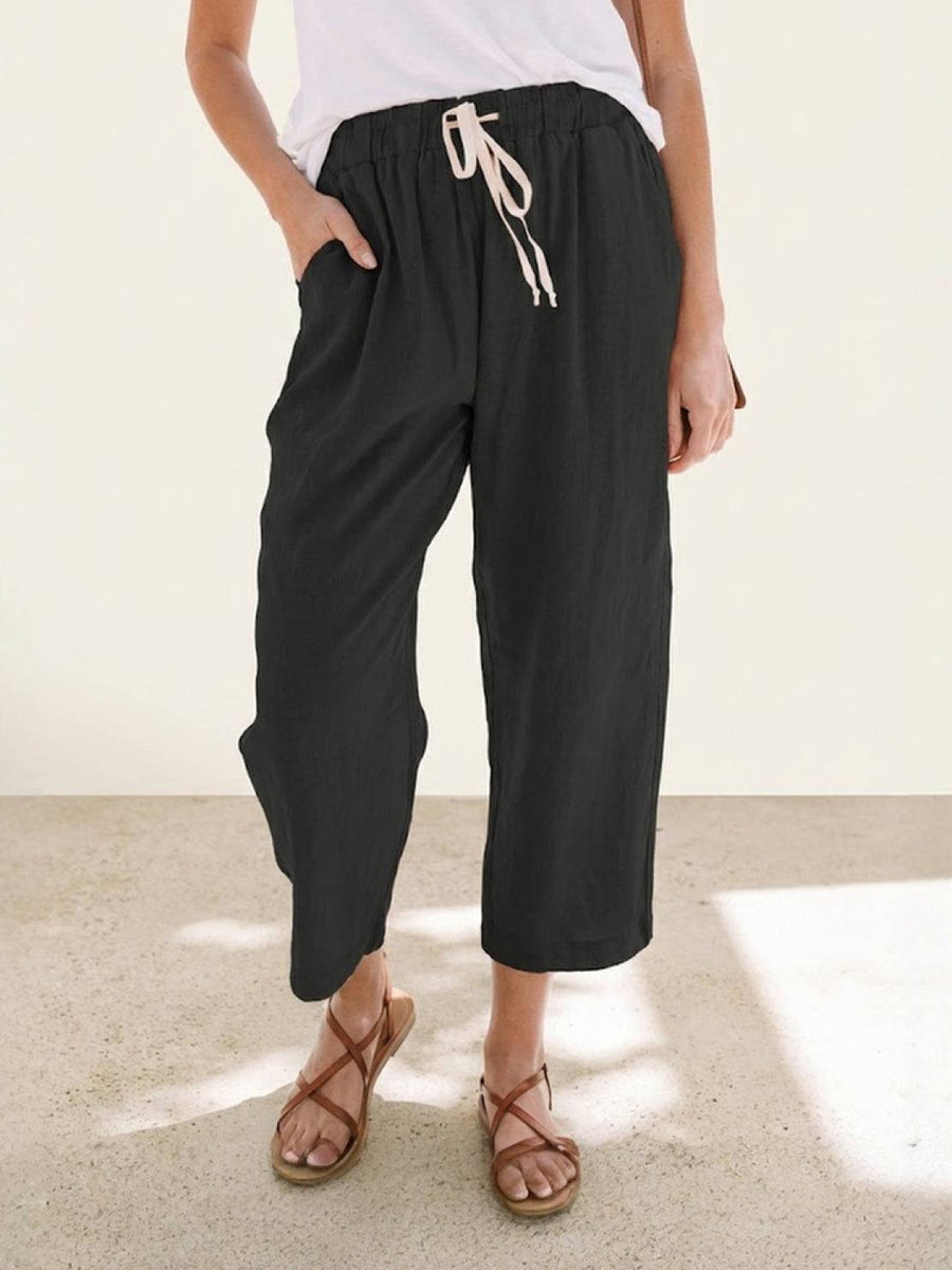 Relaxed Trousers with Drawstring Waist and Rolled Hem
