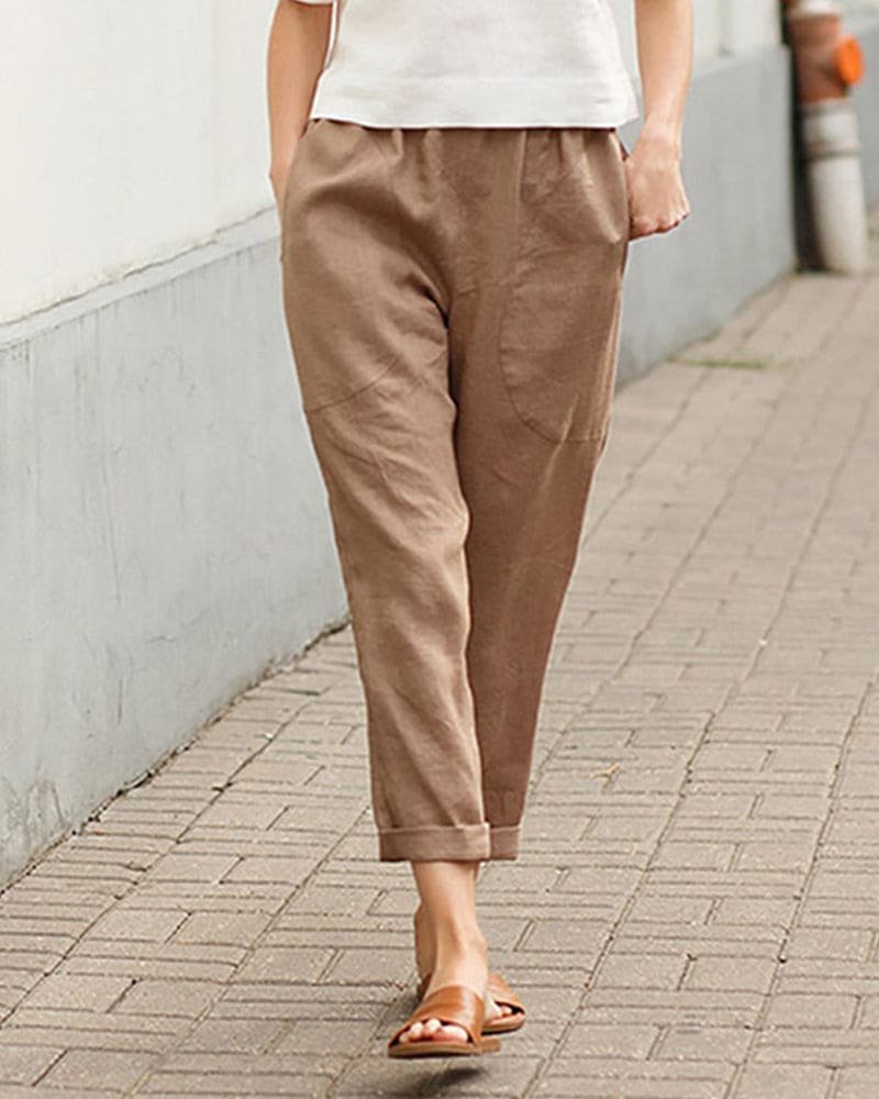 Relaxed Trousers with Elasticated Waist and Rolled Hem