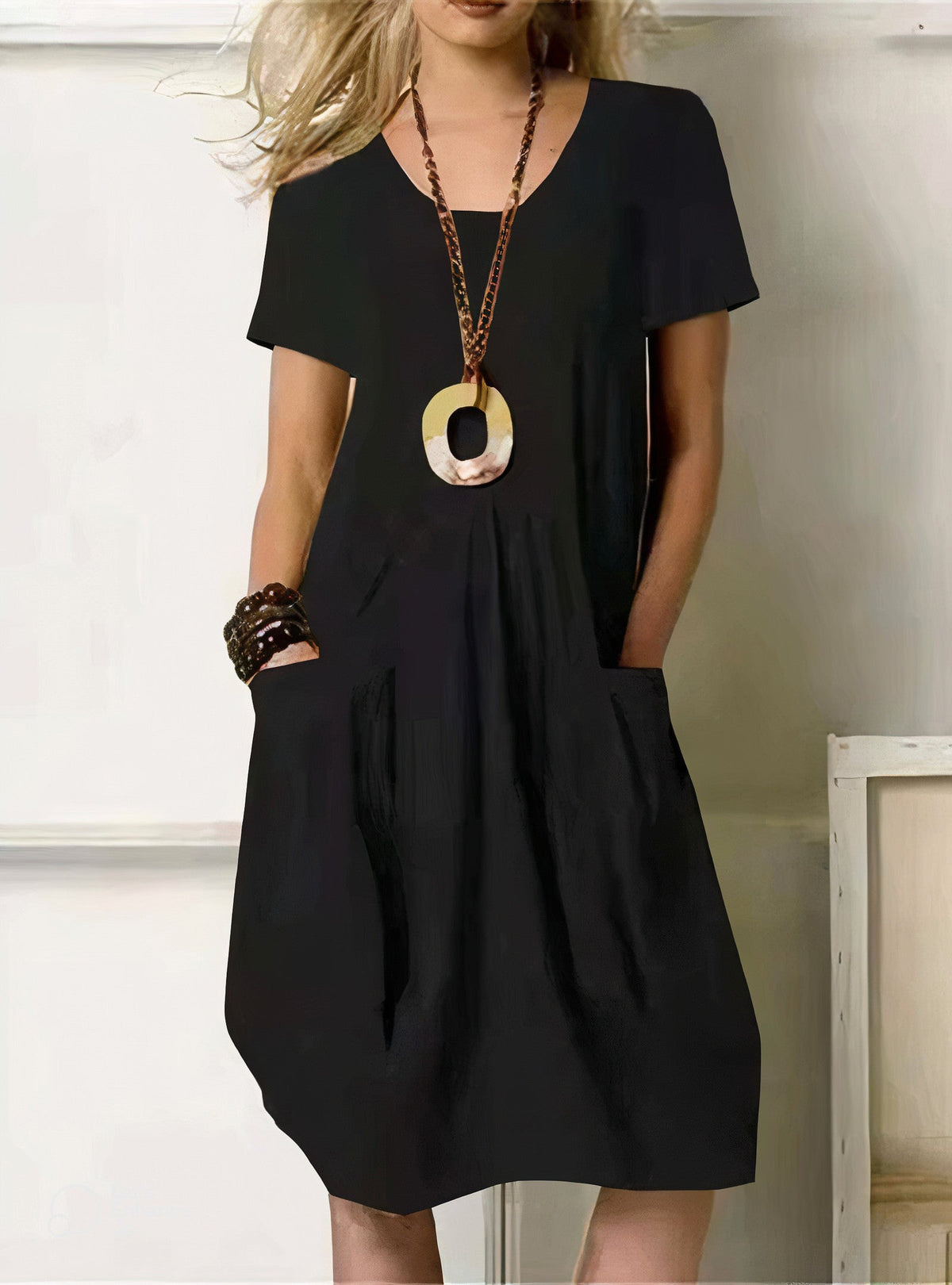 Relaxed Linen V-Neck Midi Dress with Bubble Skirt and Front Pockets