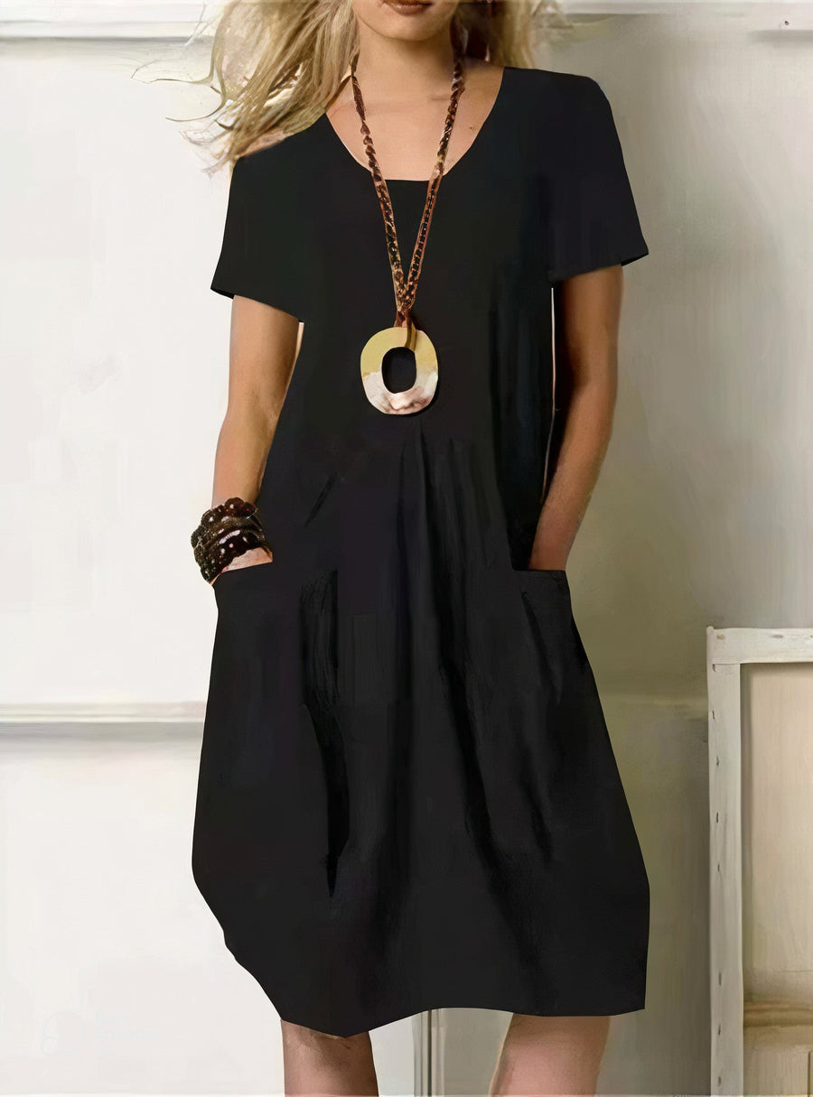 Round Neck Midi Dress with Bubble Skirt and Pockets