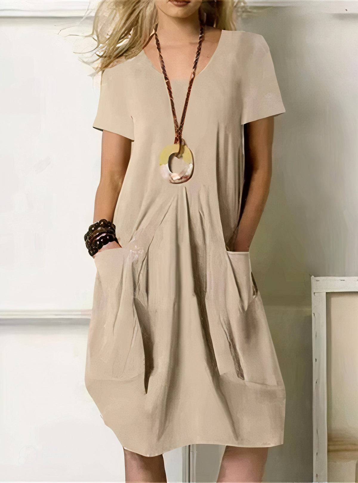 Relaxed Linen V-Neck Midi Dress with Bubble Skirt and Front Pockets