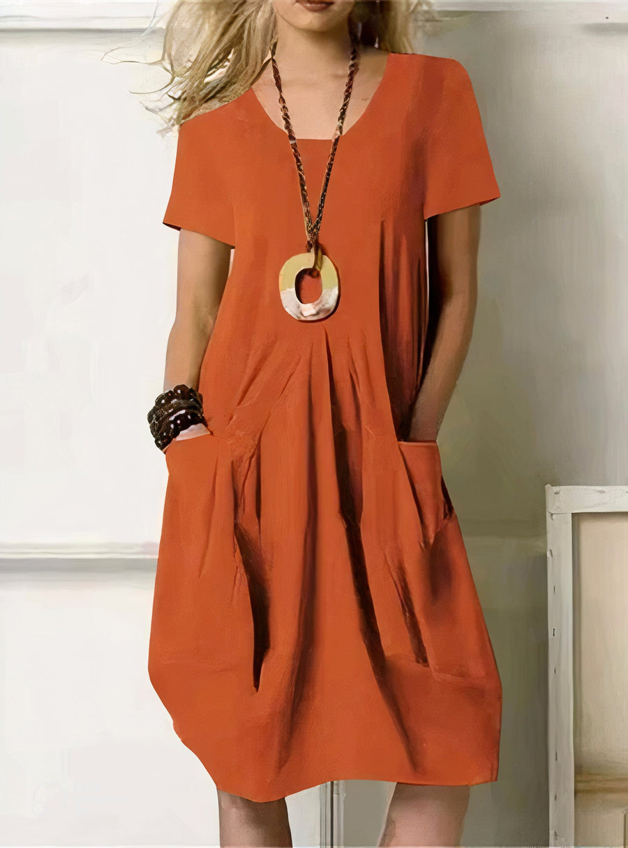 Round Neck Midi Dress with Bubble Skirt and Pockets