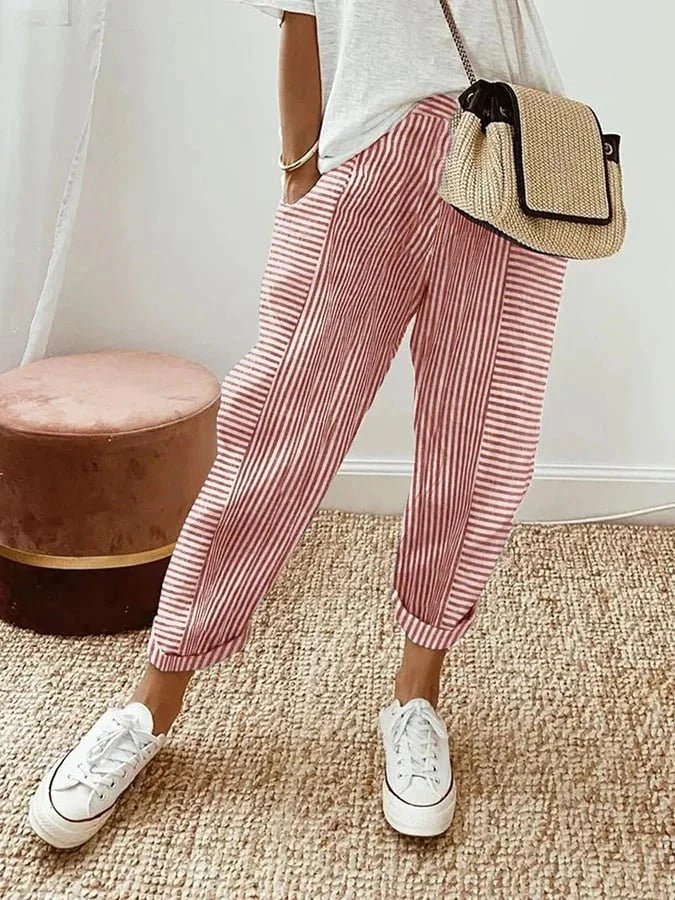 Striped Tapered Trousers with Elasticated Waist
