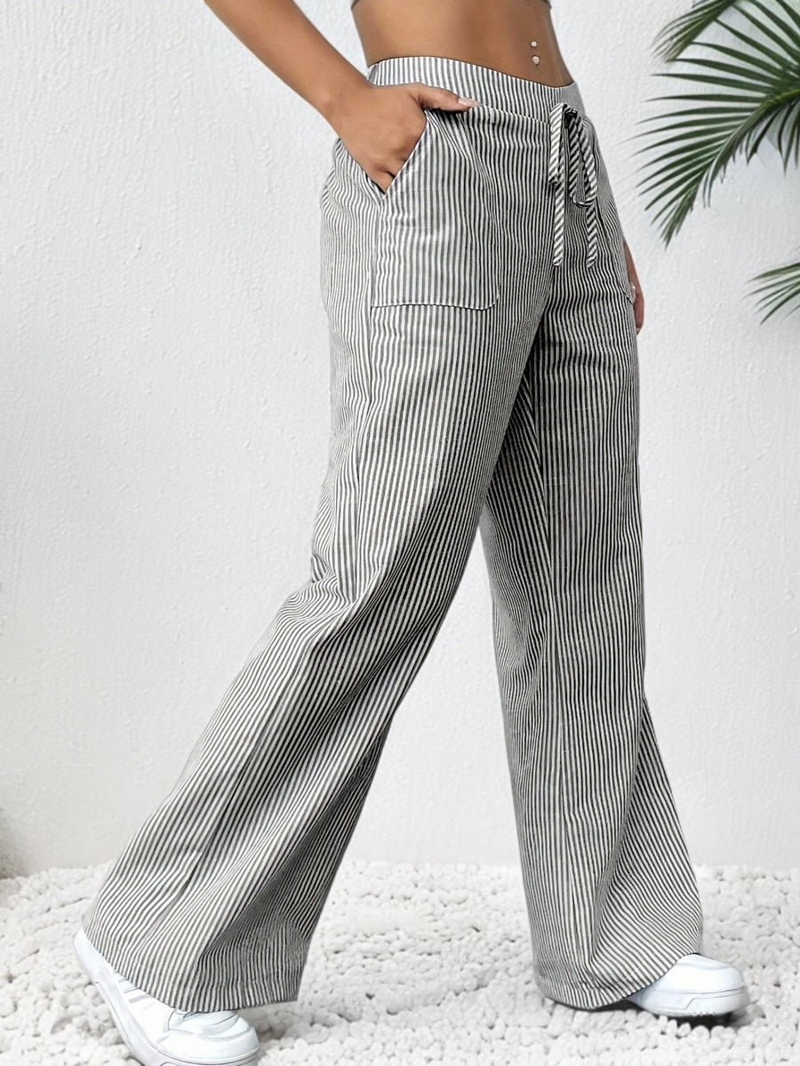Striped Wide Leg Trousers with Patch Pockets