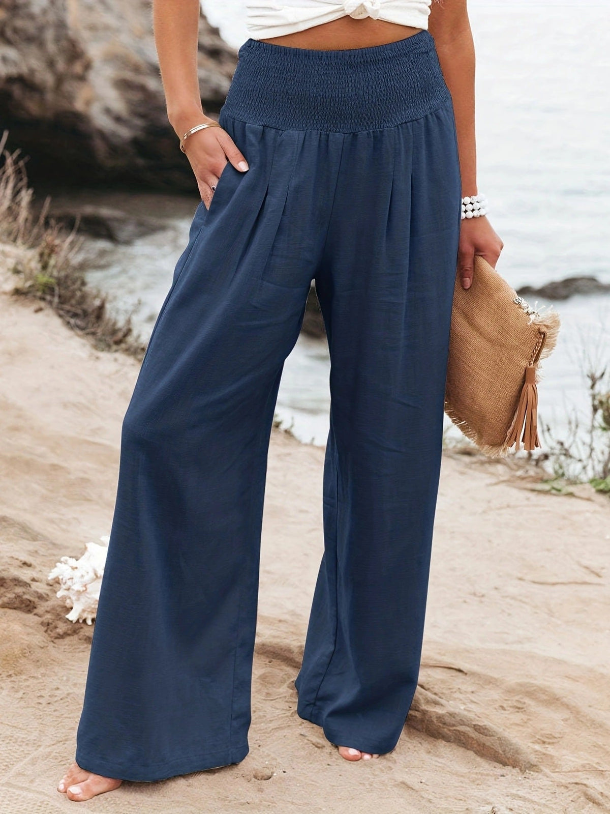 Relaxed Wide Leg Linen Trousers with Smocked Waist