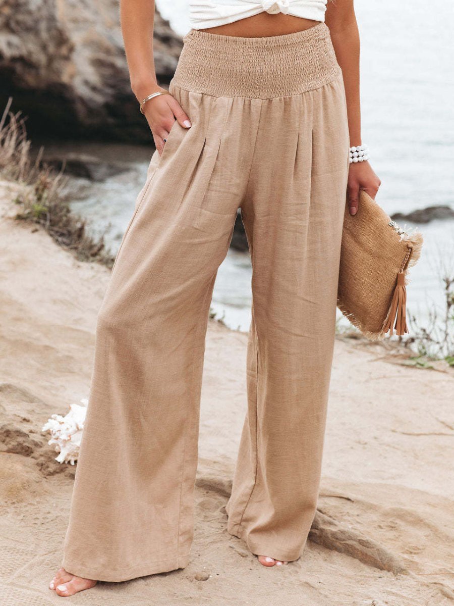 Relaxed Wide Leg Trousers with Smocked Waist