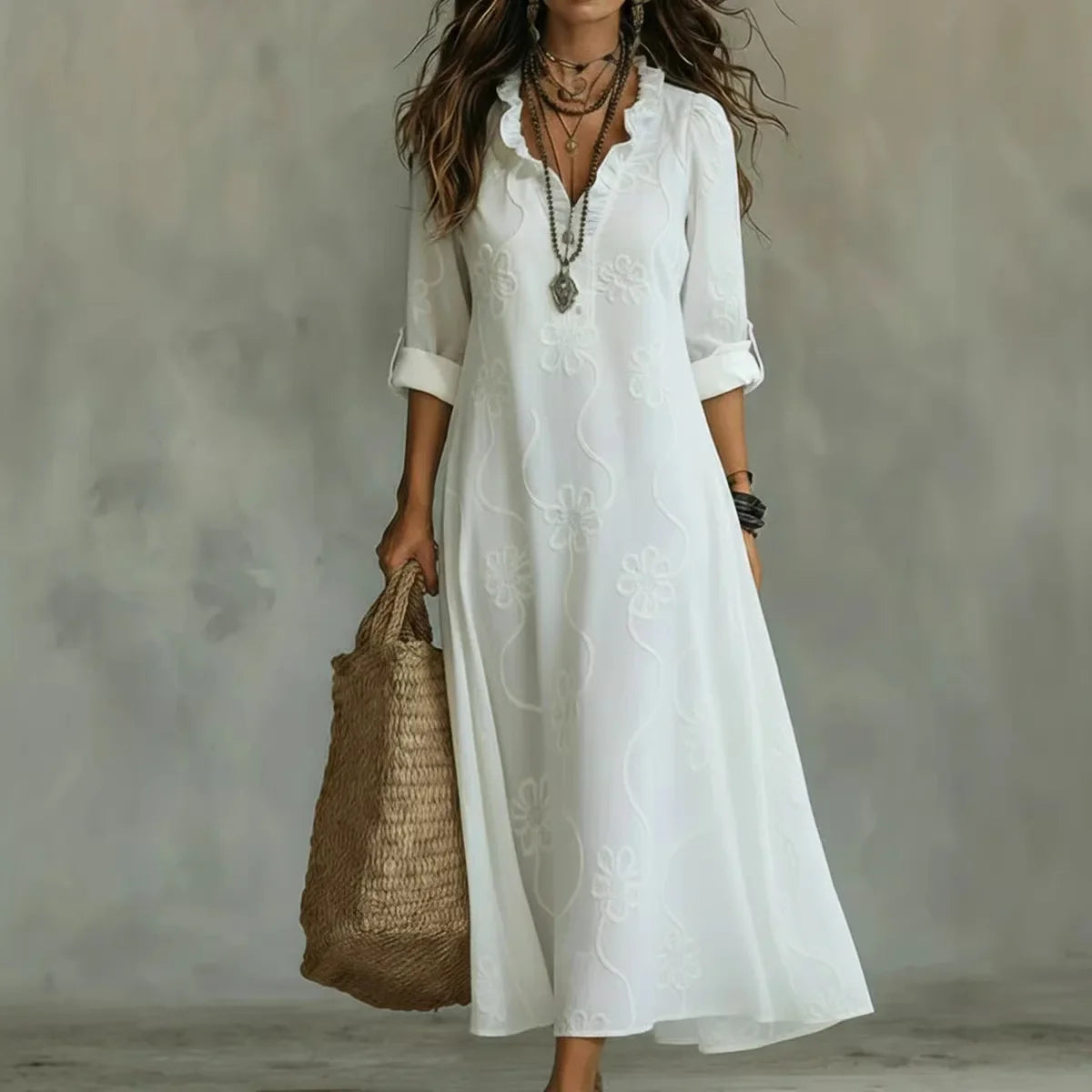 Doreen | Floral Embroidered Maxi Dress - White