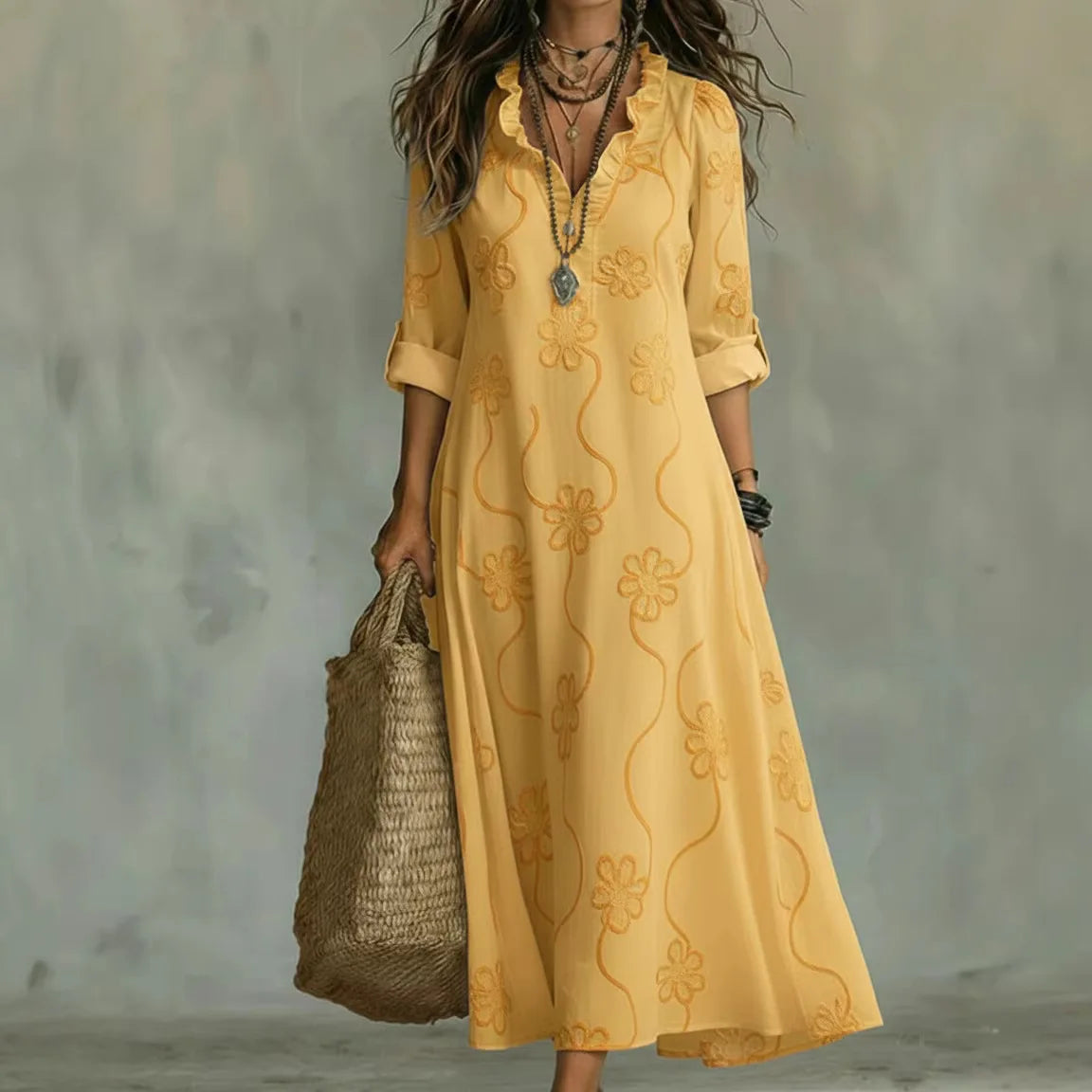 Doreen | Floral Embroidered Maxi Dress - Yellow