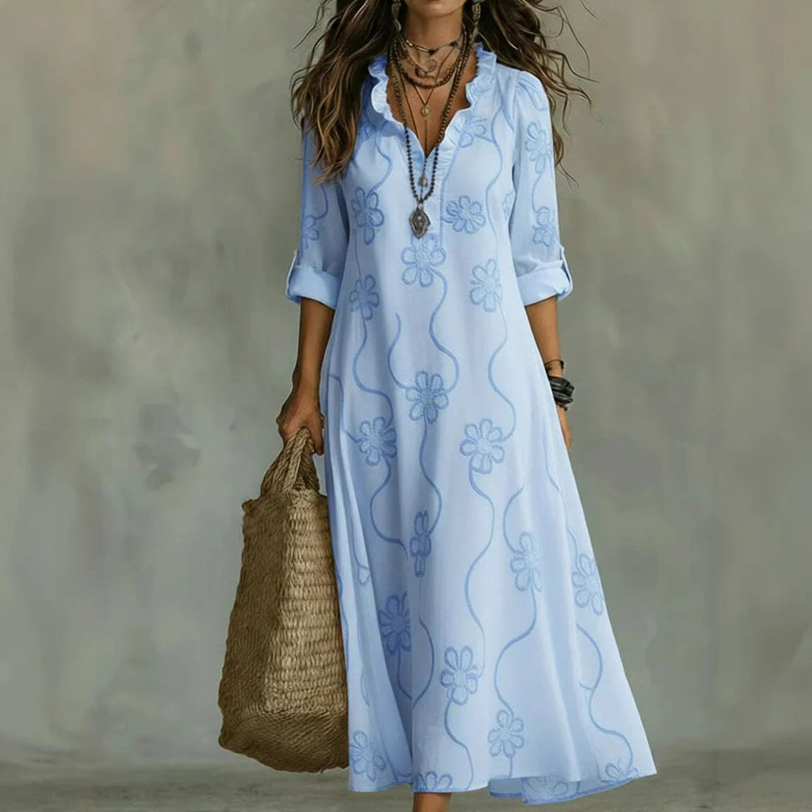Doreen | Floral Embroidered Maxi Dress - Light Blue