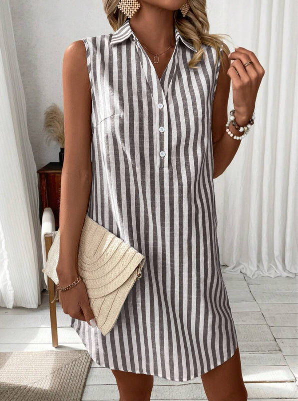 Striped Sleeveless Shirt Dress with Button-Up Front and Curved Hem