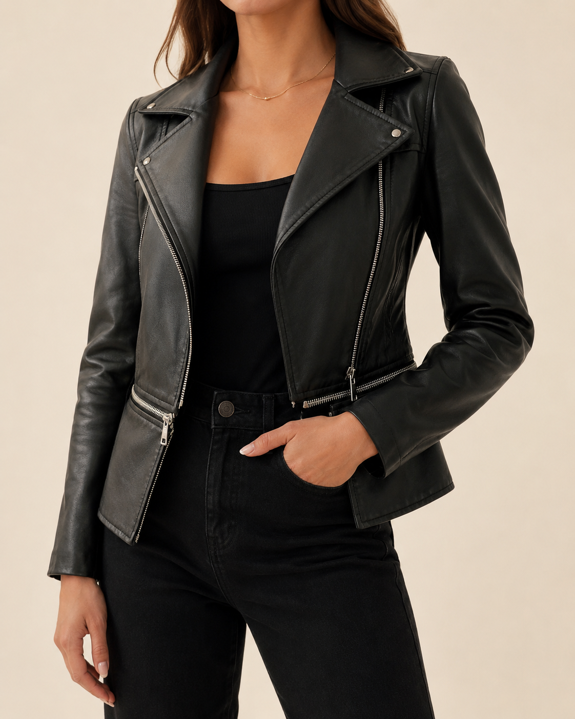 Women's Chic Leather Jacket with Double Zip Detail