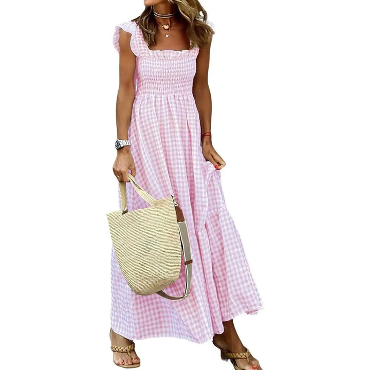 Joyce | Retro Checked Smocked Midi Dress - Pink