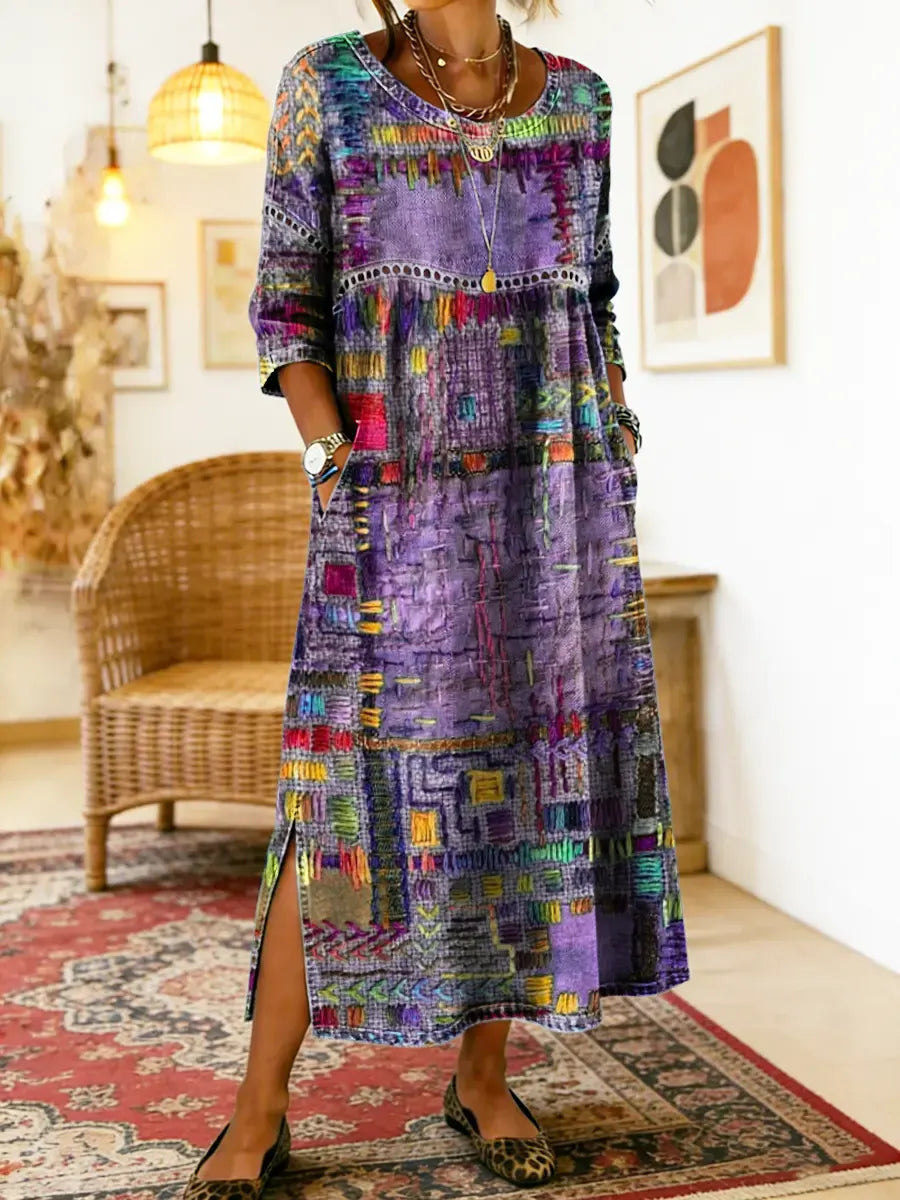 Edith | Ethnic Patchwork Dress - Military Green