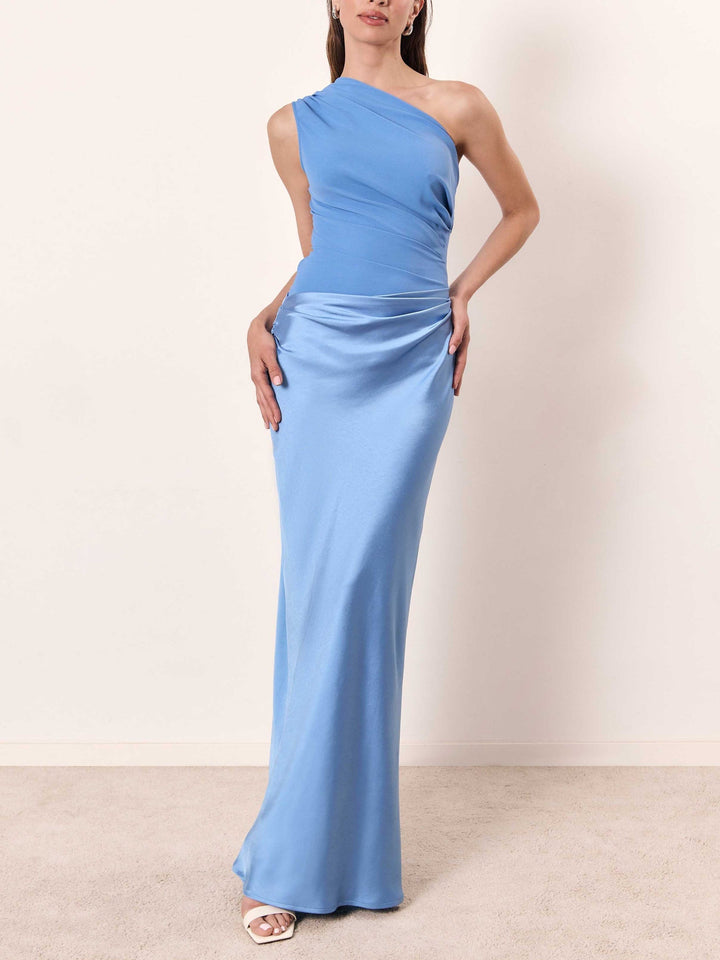 Bess | Elegant One Shoulder Neck Pleated Party Maxi Dress