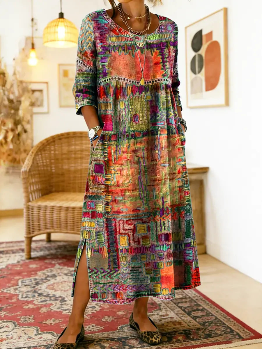 Edith | Ethnic Patchwork Dress - Blue