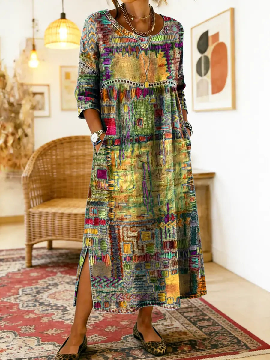 Edith | Ethnic Patchwork Dress - Orange