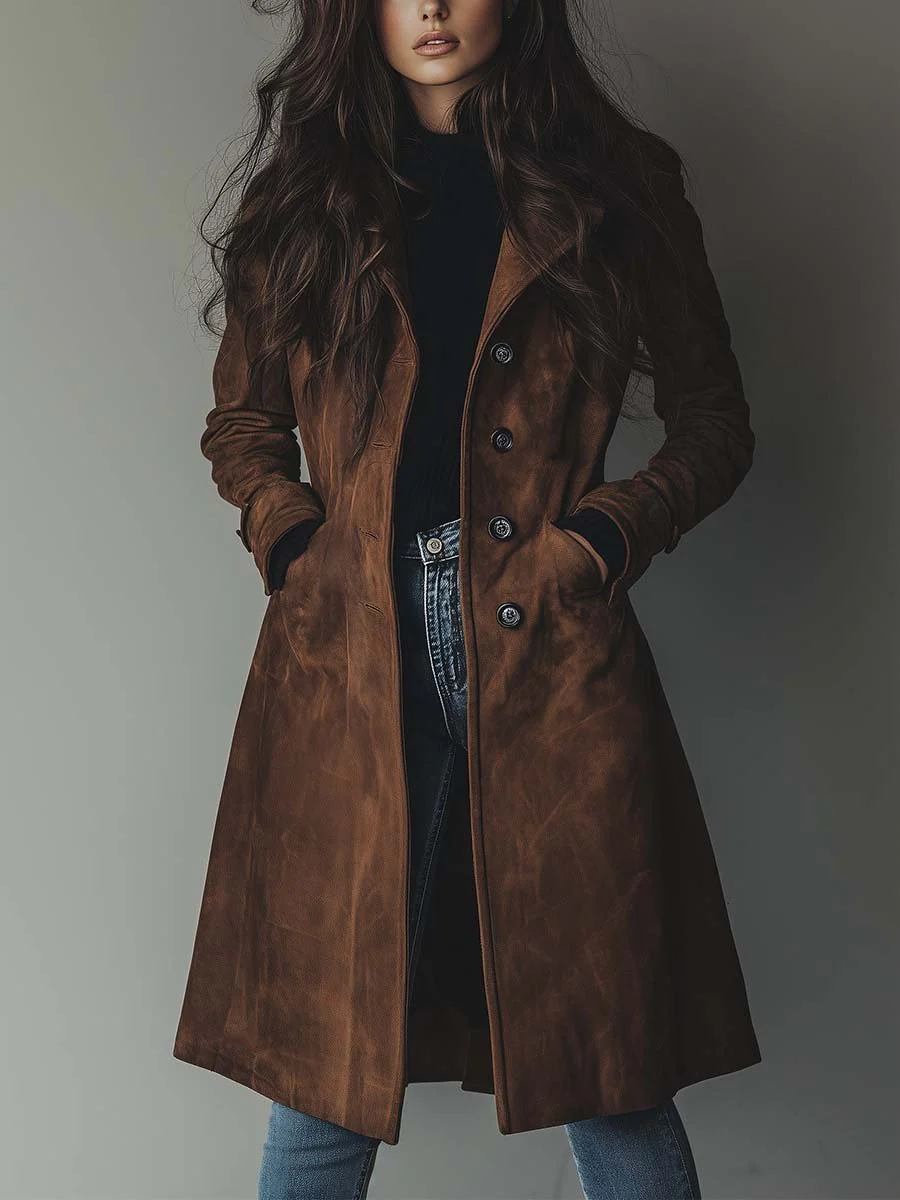 Structured Double-Breasted Trench Coat with Notched Lapels