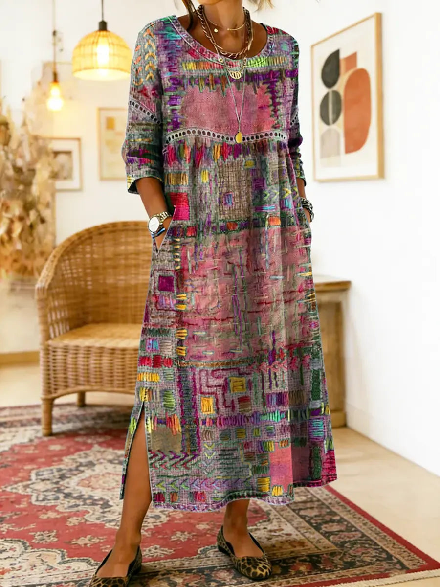 Edith | Ethnic Patchwork Dress - Grey