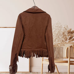 Western Fringe Jacket with Zip Pockets and Point Collar