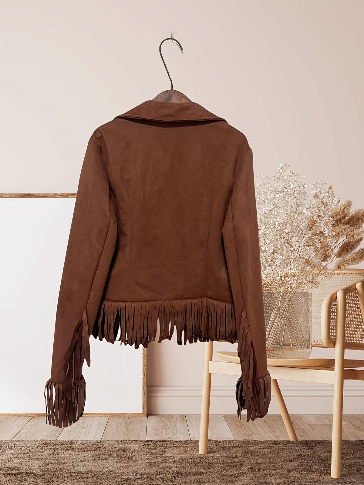Western Fringe Jacket with Zip Pockets and Point Collar