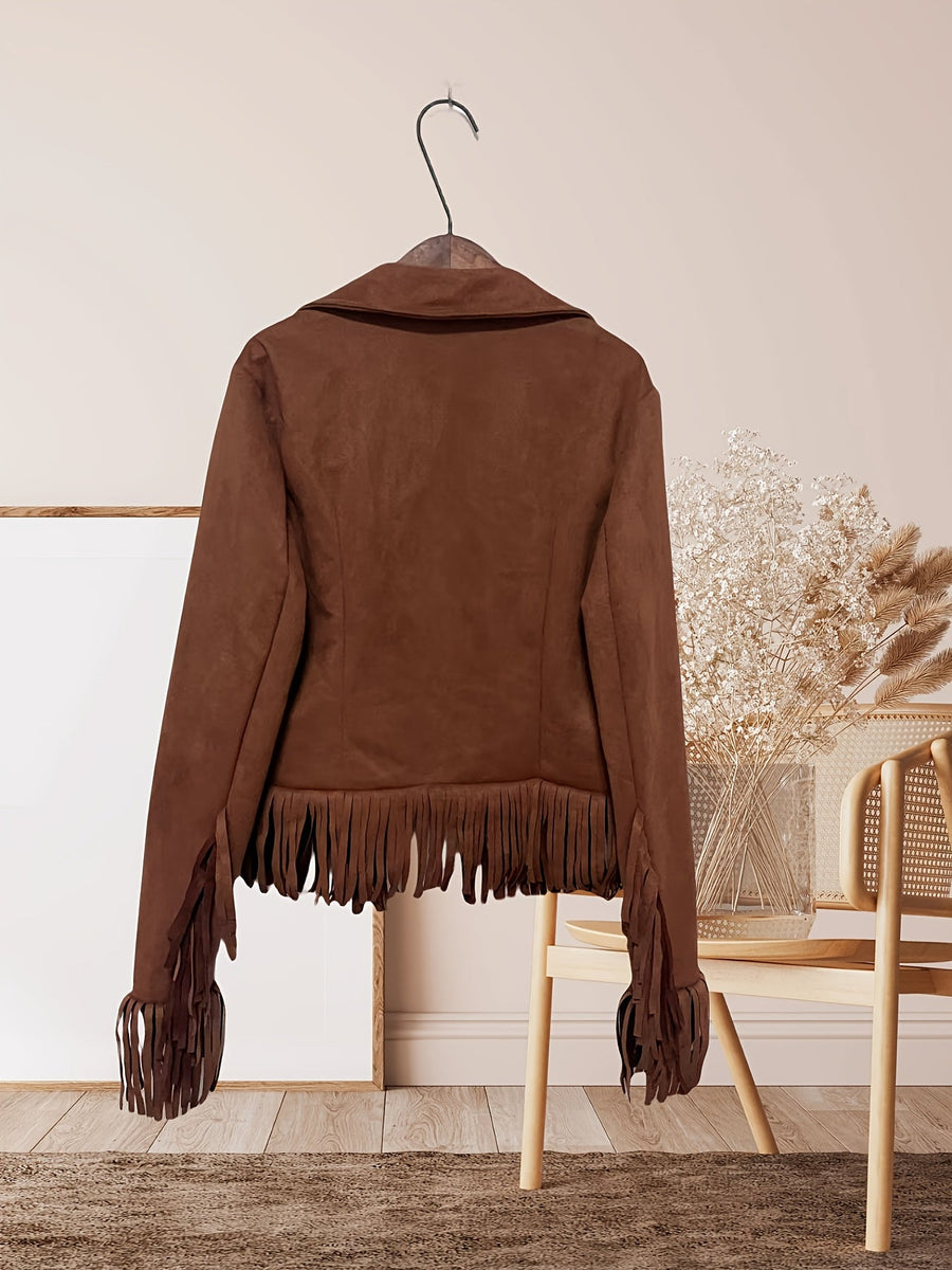 Western Fringe Jacket with Zip Pockets and Point Collar