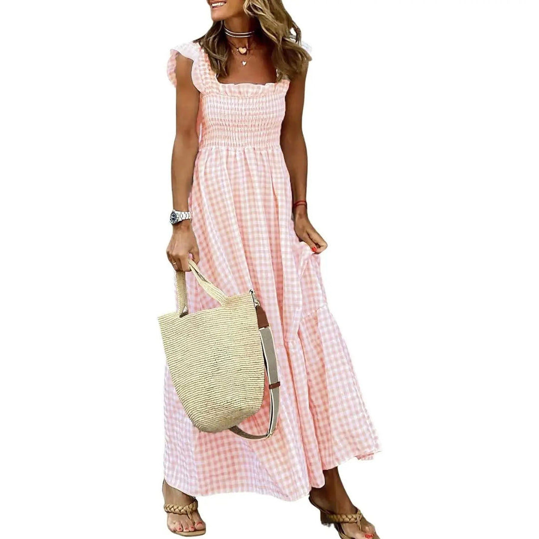 Joyce | Retro Checked Smocked Midi Dress - Orange