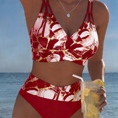 Norma | Marble Print Two-Piece Swimsuit - Red
