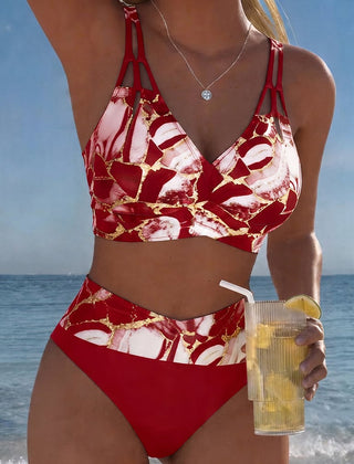 Norma | Marble Print Two-Piece Swimsuit - Red