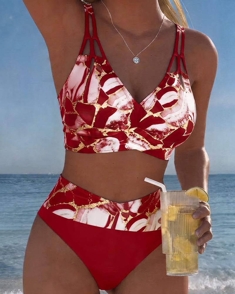 Norma | Marble Print Two-Piece Swimsuit - Red